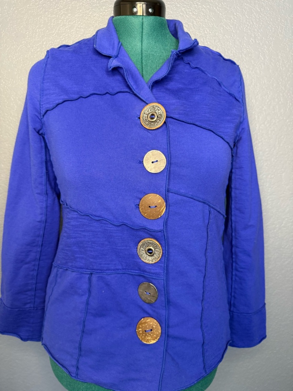 Neon Buddha Cobalt Blue Artsy Jacket Textured‎ Button Front Cotton Women’s S